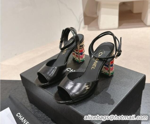 Classic Hot Chanel Shiny Calfskin Strap Sandals 8.5cm with Colored Heel Black 424081