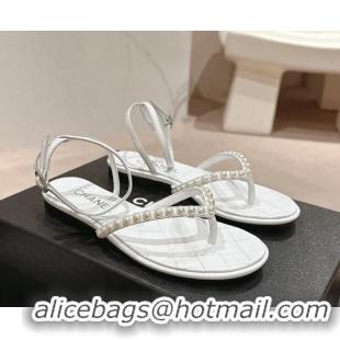 Duplicate Chanel Lambskin Flat Thong Sandals with Pearls white 424082