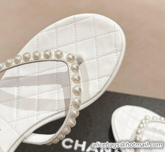 Duplicate Chanel Lambskin Flat Thong Sandals with Pearls white 424082