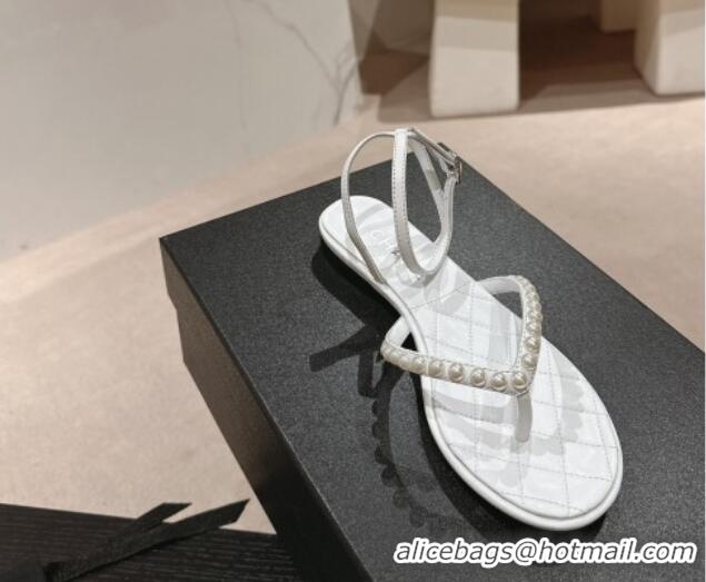 Duplicate Chanel Lambskin Flat Thong Sandals with Pearls white 424082