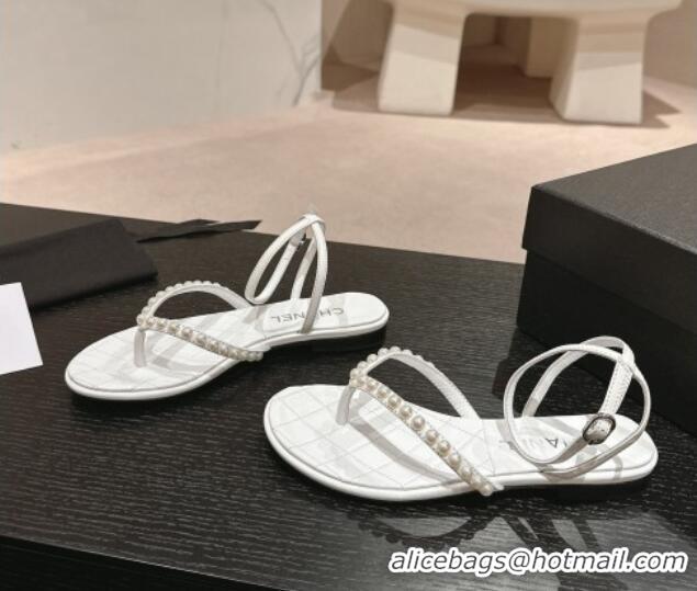 Duplicate Chanel Lambskin Flat Thong Sandals with Pearls white 424082