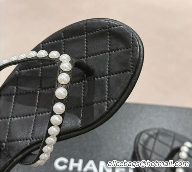 Pretty Style Chanel Lambskin Flat Thong Sandals with Pearls Black 24083