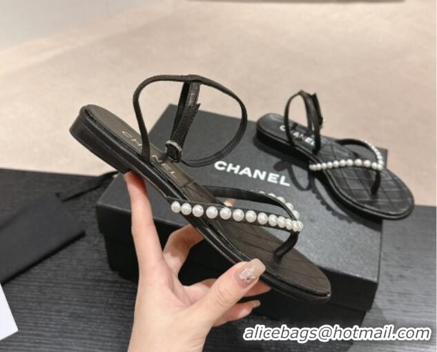 Pretty Style Chanel Lambskin Flat Thong Sandals with Pearls Black 24083