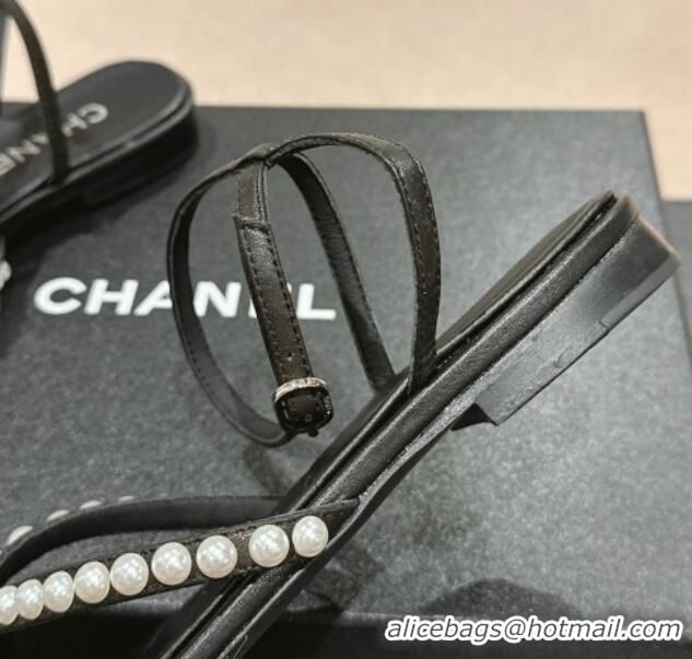 Pretty Style Chanel Lambskin Flat Thong Sandals with Pearls Black 24083