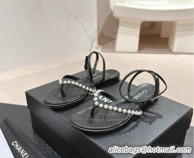 Pretty Style Chanel Lambskin Flat Thong Sandals with Pearls Black 24083