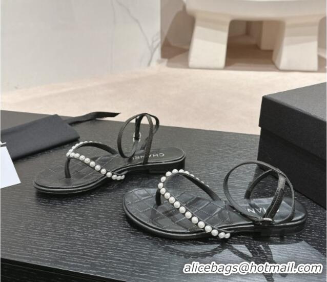 Pretty Style Chanel Lambskin Flat Thong Sandals with Pearls Black 24083