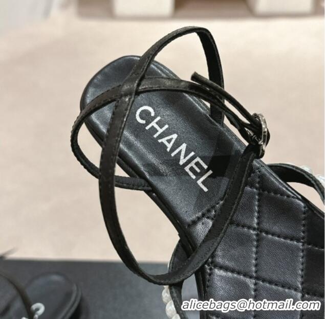 Pretty Style Chanel Lambskin Flat Thong Sandals with Pearls Black 24083