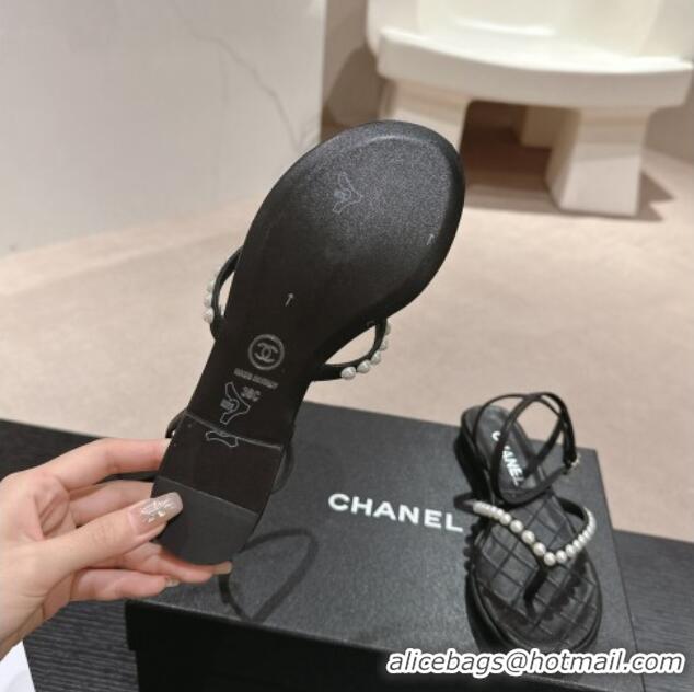 Pretty Style Chanel Lambskin Flat Thong Sandals with Pearls Black 24083