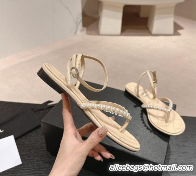 Buy Luxury Chanel Lambskin Flat Thong Sandals with Pearls Beige 424084