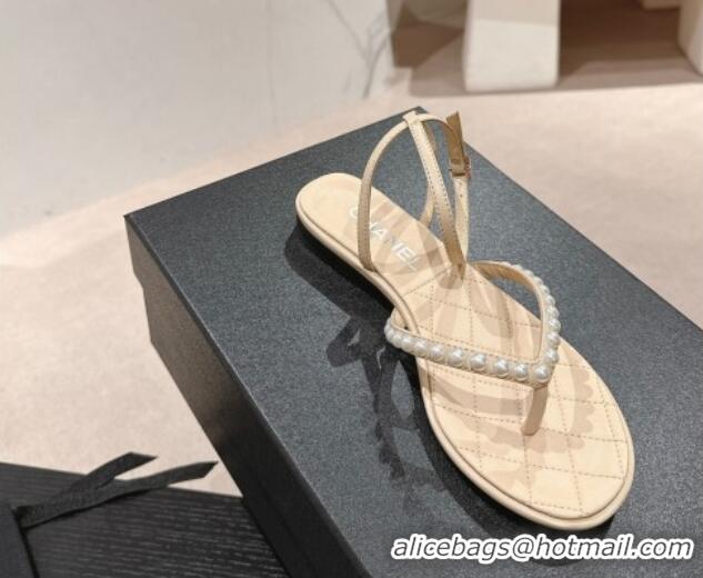 Buy Luxury Chanel Lambskin Flat Thong Sandals with Pearls Beige 424084