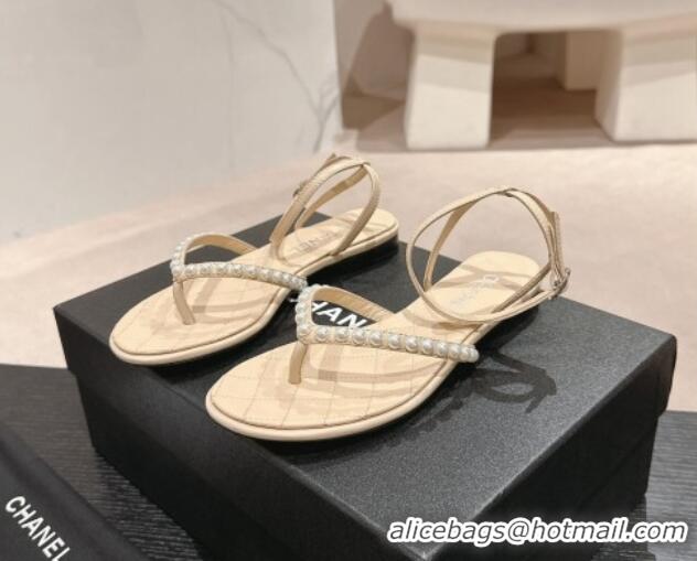 Buy Luxury Chanel Lambskin Flat Thong Sandals with Pearls Beige 424084