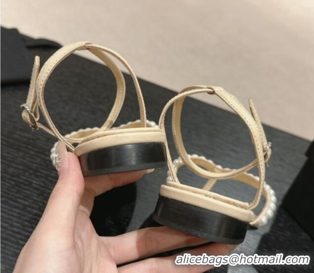 Buy Luxury Chanel Lambskin Flat Thong Sandals with Pearls Beige 424084