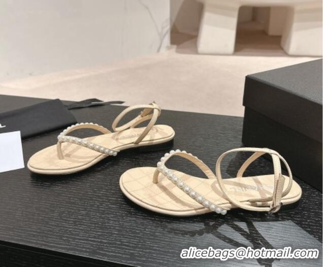 Buy Luxury Chanel Lambskin Flat Thong Sandals with Pearls Beige 424084