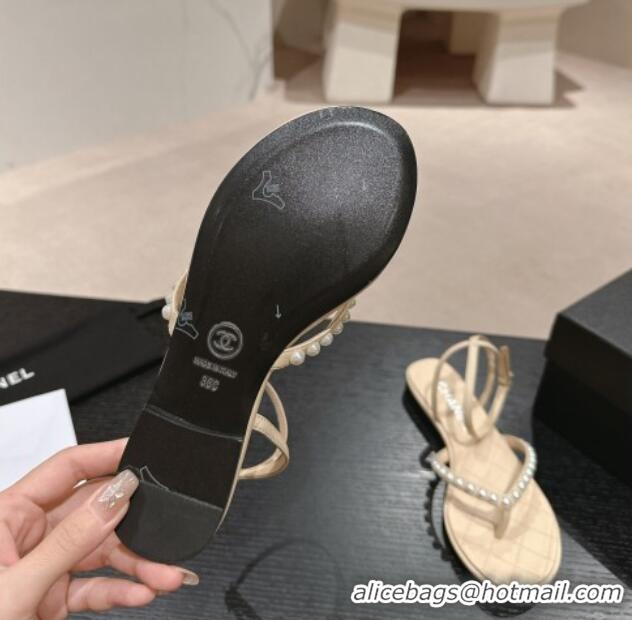 Buy Luxury Chanel Lambskin Flat Thong Sandals with Pearls Beige 424084