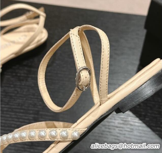 Buy Luxury Chanel Lambskin Flat Thong Sandals with Pearls Beige 424084