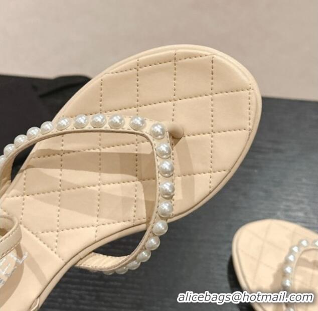 Buy Luxury Chanel Lambskin Flat Thong Sandals with Pearls Beige 424084