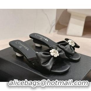 Unique Discount Chanel Lambskin & Lace Heel Slide Sandals with Bow Black 424085