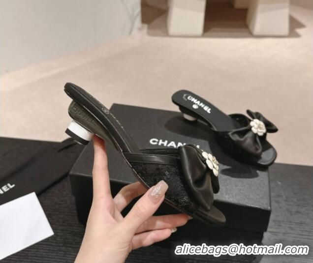 Unique Discount Chanel Lambskin & Lace Heel Slide Sandals with Bow Black 424085