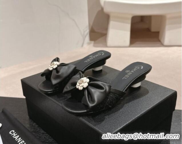 Unique Discount Chanel Lambskin & Lace Heel Slide Sandals with Bow Black 424085