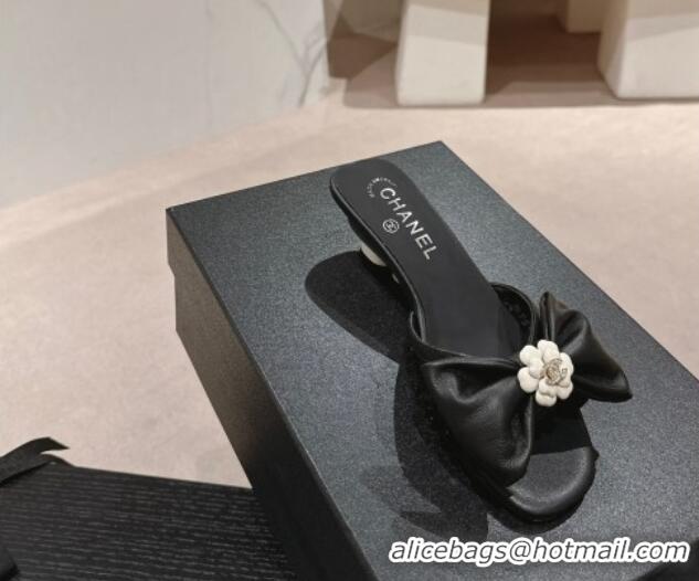 Unique Discount Chanel Lambskin & Lace Heel Slide Sandals with Bow Black 424085