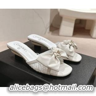 Top Design Chanel Lambskin & Lace Heel Slide Sandals with Bow White 424086