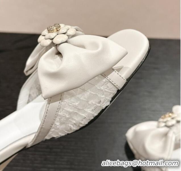 Top Design Chanel Lambskin & Lace Heel Slide Sandals with Bow White 424086