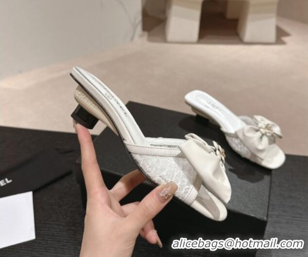 Top Design Chanel Lambskin & Lace Heel Slide Sandals with Bow White 424086