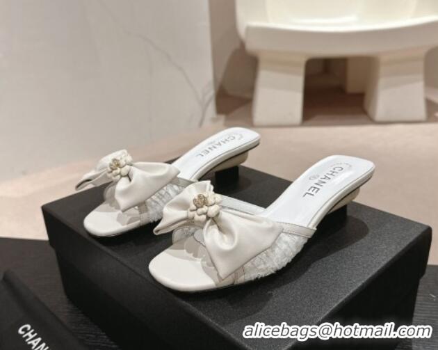 Top Design Chanel Lambskin & Lace Heel Slide Sandals with Bow White 424086