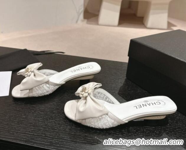 Top Design Chanel Lambskin & Lace Heel Slide Sandals with Bow White 424086