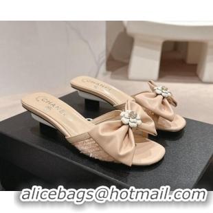 Good Product Chanel Lambskin & Lace Heel Slide Sandals with Bow Beige 424087