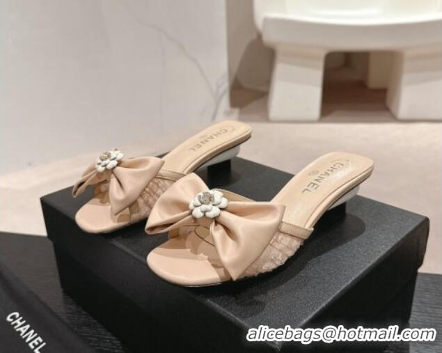 Good Product Chanel Lambskin & Lace Heel Slide Sandals with Bow Beige 424087