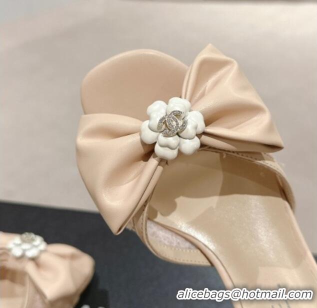 Good Product Chanel Lambskin & Lace Heel Slide Sandals with Bow Beige 424087