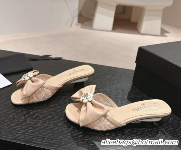 Good Product Chanel Lambskin & Lace Heel Slide Sandals with Bow Beige 424087