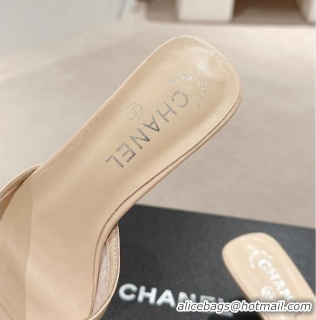 Good Product Chanel Lambskin & Lace Heel Slide Sandals with Bow Beige 424087