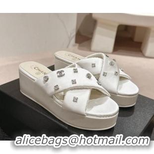 Low Cost Chanel Fabric Wedge Slide Sandals 5cm with Crystals Charm White 424088