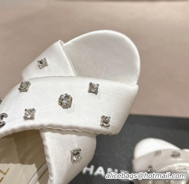 Low Cost Chanel Fabric Wedge Slide Sandals 5cm with Crystals Charm White 424088