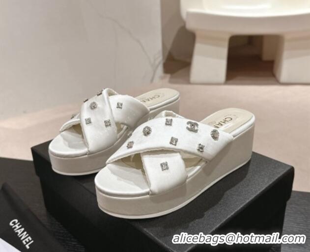 Low Cost Chanel Fabric Wedge Slide Sandals 5cm with Crystals Charm White 424088