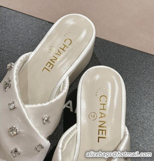 Low Cost Chanel Fabric Wedge Slide Sandals 5cm with Crystals Charm White 424088