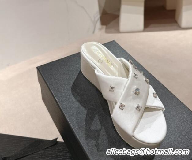 Low Cost Chanel Fabric Wedge Slide Sandals 5cm with Crystals Charm White 424088