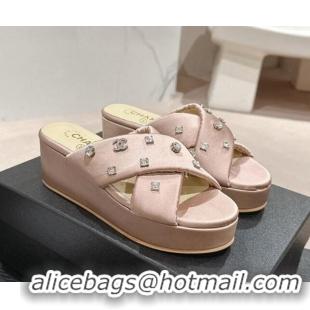 Luxury Chanel Fabric Wedge Slide Sandals 5cm with Crystals Charm Pink 424089