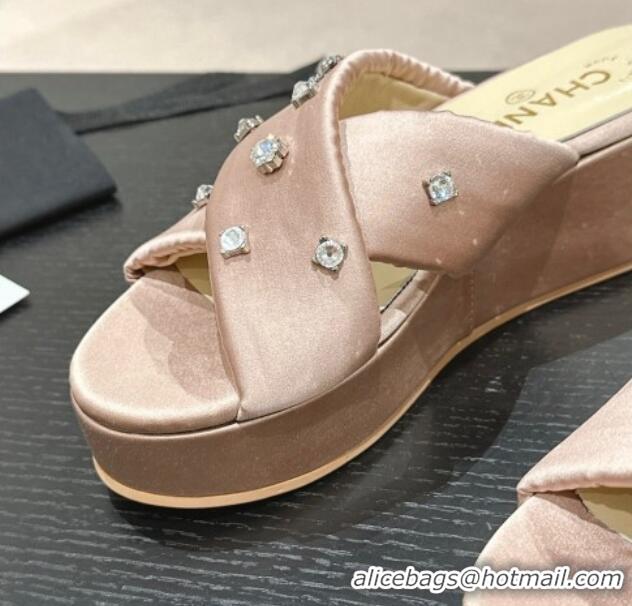 Luxury Chanel Fabric Wedge Slide Sandals 5cm with Crystals Charm Pink 424089