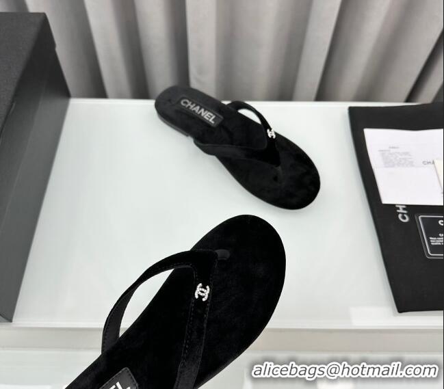 ​Famous Brand Chanel Velvet Flat Thong Slide Sandals with Crystal CC G45716 Black 2024