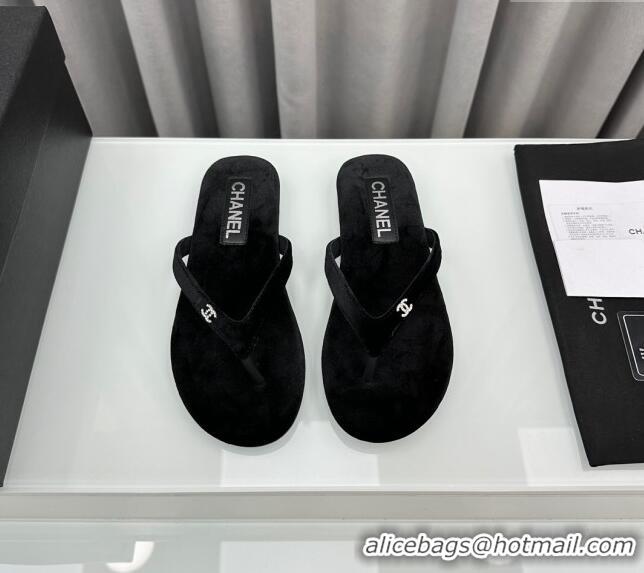 ​Famous Brand Chanel Velvet Flat Thong Slide Sandals with Crystal CC G45716 Black 2024