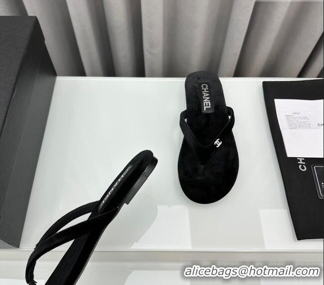 ​Famous Brand Chanel Velvet Flat Thong Slide Sandals with Crystal CC G45716 Black 2024