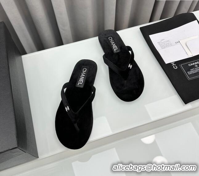 ​Famous Brand Chanel Velvet Flat Thong Slide Sandals with Crystal CC G45716 Black 2024