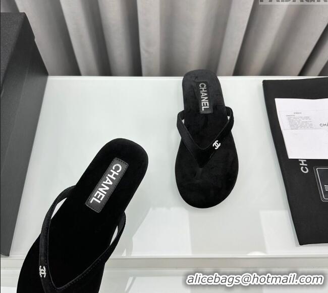 ​Famous Brand Chanel Velvet Flat Thong Slide Sandals with Crystal CC G45716 Black 2024