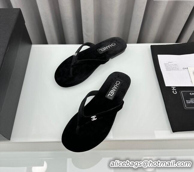 ​Famous Brand Chanel Velvet Flat Thong Slide Sandals with Crystal CC G45716 Black 2024