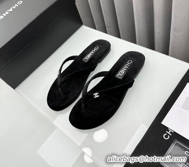 ​Famous Brand Chanel Velvet Flat Thong Slide Sandals with Crystal CC G45716 Black 2024