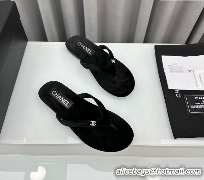 ​Famous Brand Chanel Velvet Flat Thong Slide Sandals with Crystal CC G45716 Black 2024