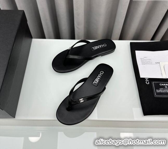 ​Super Quality Chanel Lambskin Flat Thong Slide Sandals with Crystal CC G45716 Black 2024